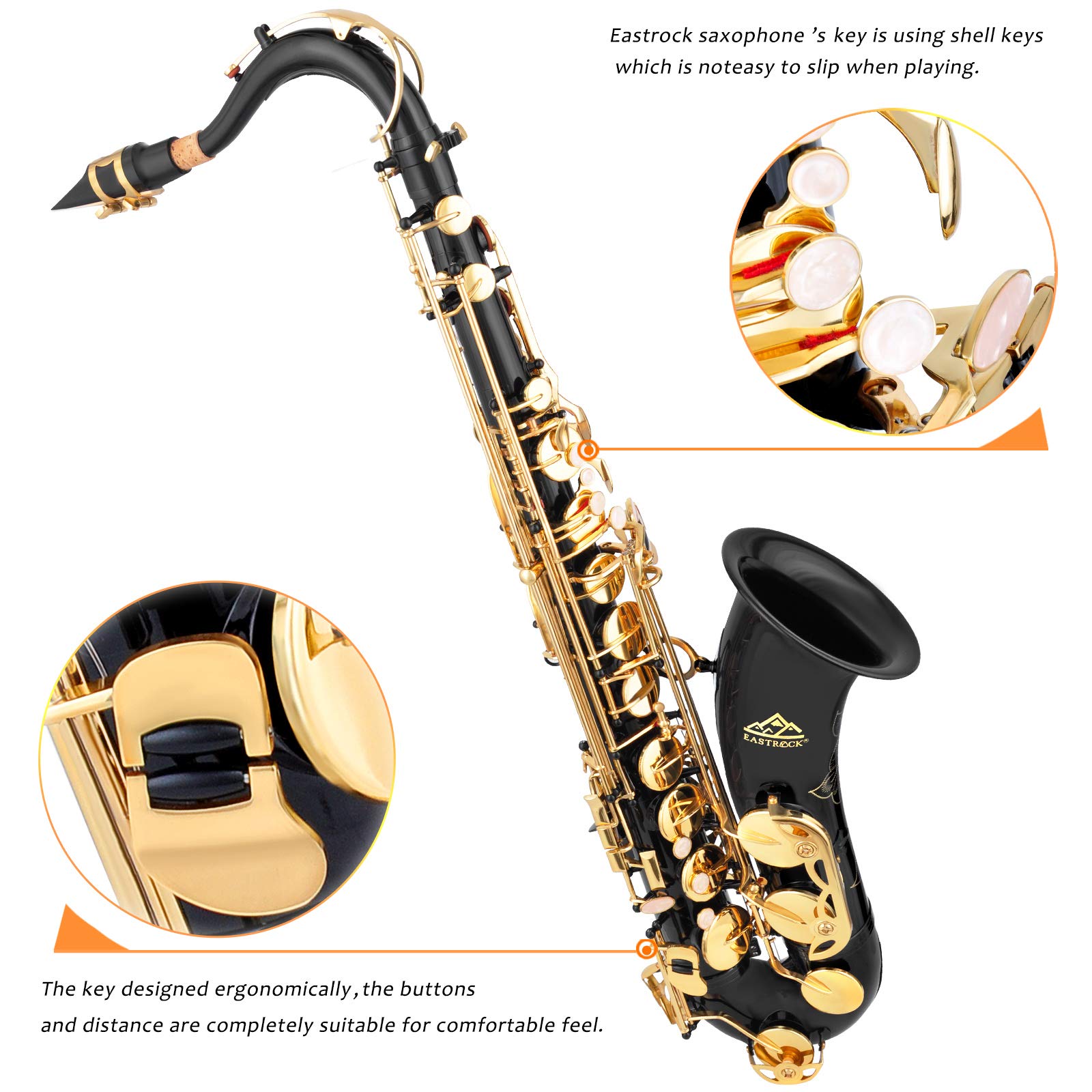 EASTROCK Tenor Saxophone Black/Golden B Flat Tenor Sax Professional Saxophone for Beginners Students Kids and Musicians with Car